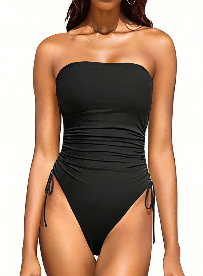 Yonique Women Strapless One Piece Swimsuit Tummy Control Bandeau Bathing Suit Cheeky Swimwear Black M - Image 1